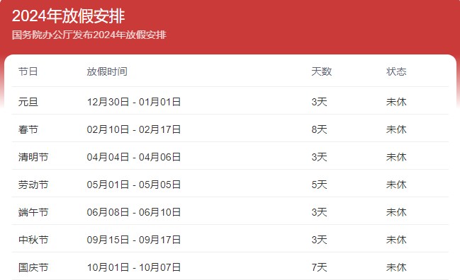 2024年放假日历全年表-024年法定假日安排表