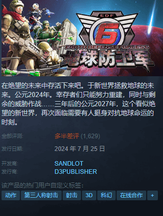 《地球防卫军6》Steam多半差评：联机强绑Epic