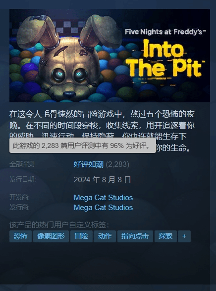 《玩具熊的五夜惊魂》新作口碑优秀!Steam好评率96%